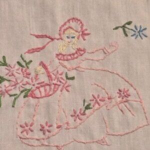 Embroidered Table Runner Or Dresser Scarf with Floral and Southern Belle Design
